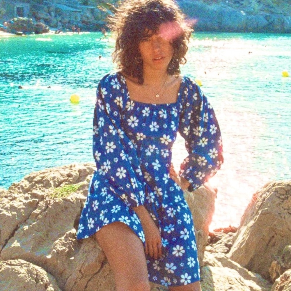 Billabong Floral Puff Sleeve Mini Dress Size Medium Small Blue White